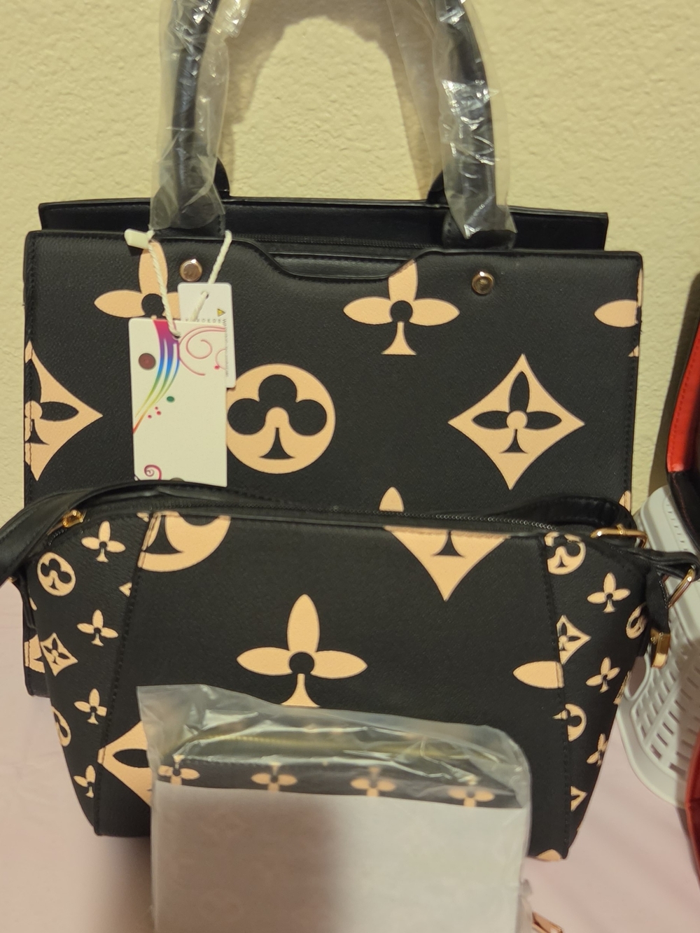Black & Peach Floral Tote Set - Women Bags